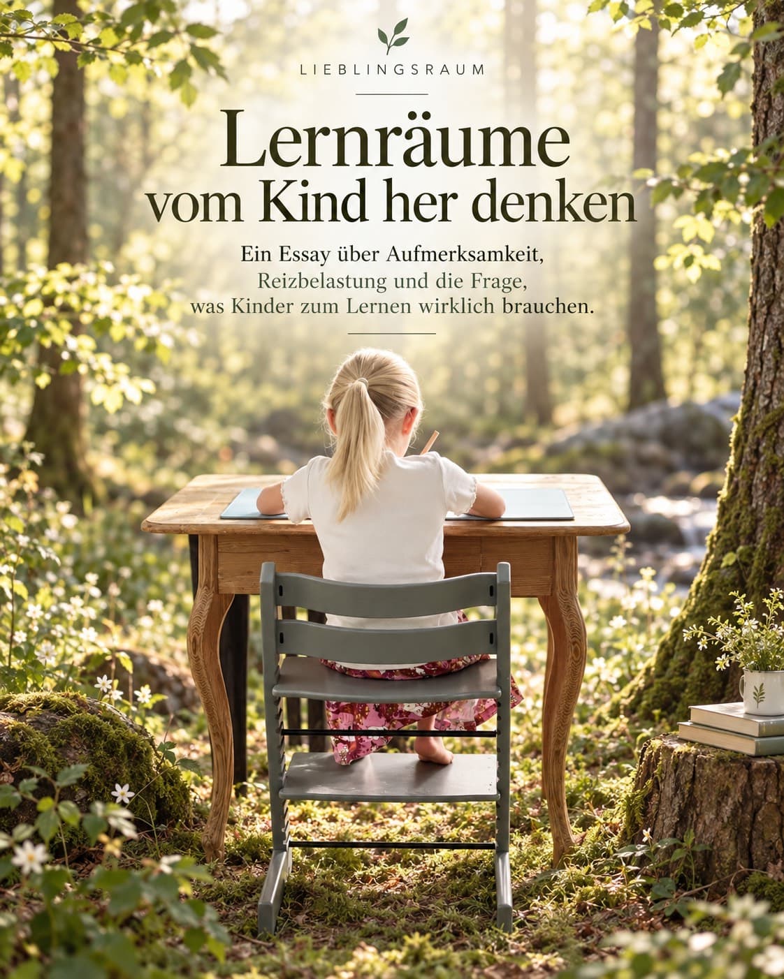 Essay-Cover: Ein Mädchen sitzt mit dem Rücken zur Kamera an einem Holztisch im Wald und schreibt – „Lernräume vom Kind her denken“